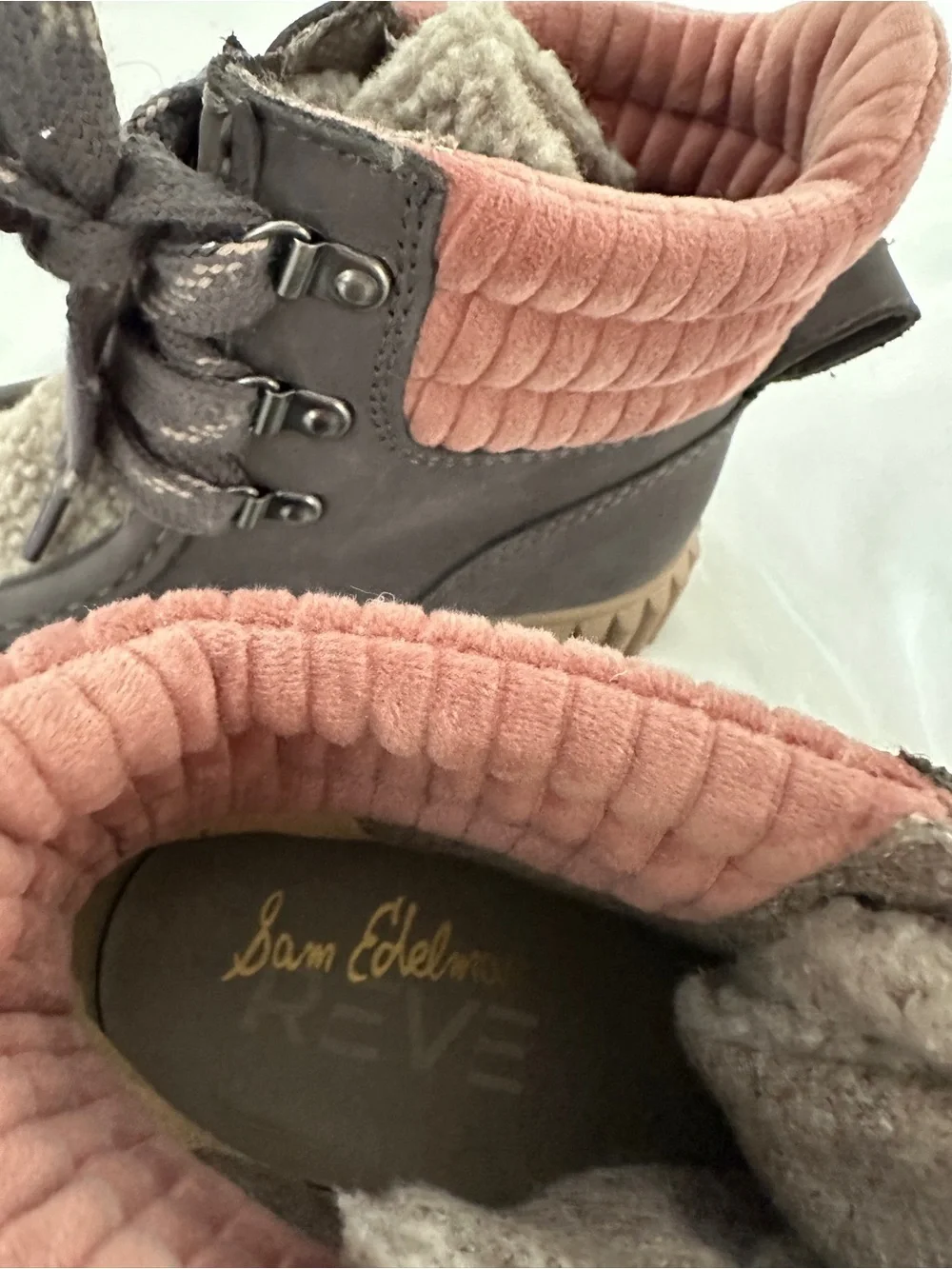 Sam Edelman Tie Gray/Pink/Beige Shearling Lace-Up Boots